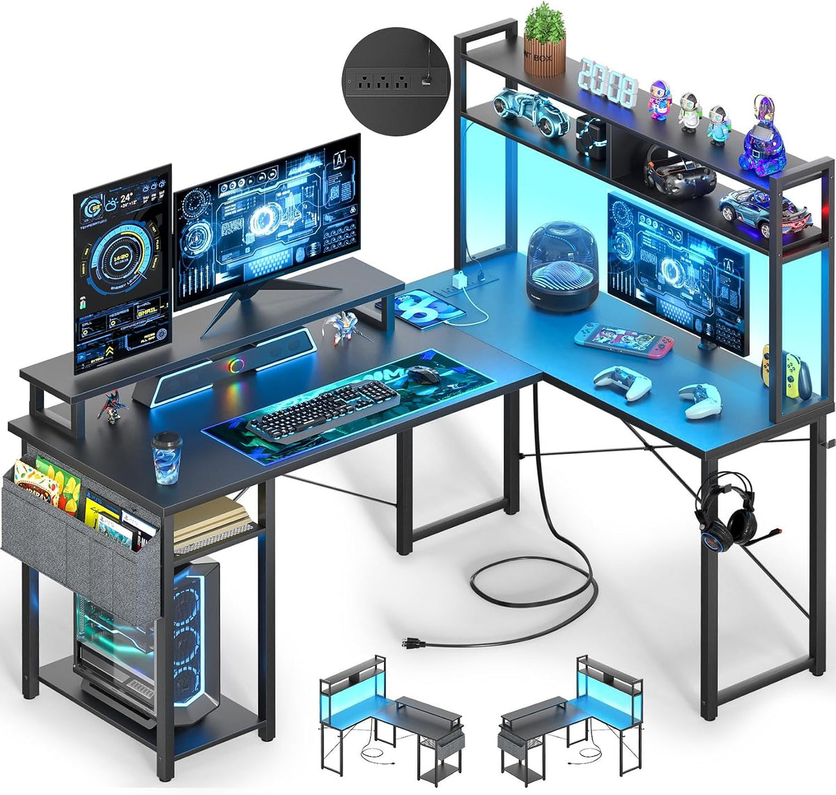 Besiost Small L Shaped Desk Gaming Desk with Power Outlets, 48' Reversible L Shaped Computer Desk with Monitor Stand & Storage Shelf, Corner Gamer Desk Home Office Desk with Storage Bag, Black