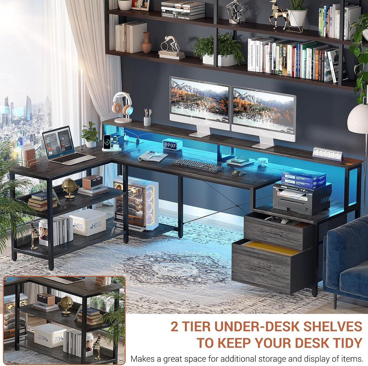 Aheaplus L Shaped Desk with File Drawer, 72.8' Reversible L Shaped Computer Desk with Power Outlet & LED Strip, Gaming Desks with Monitor Stand, Corner Office Desks with Storage Shelf, Grey Oak