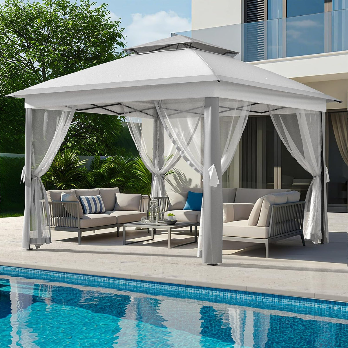 Garvee 11x11 ft Outdoor Gazebo, Heavy Duty Gazebo with Sturdy Metal Frame & Double Roofs, Patio Shelter with Mosquito Netting, Ideal for Backyard, Garden, Lawn, Deck, Light Grey
