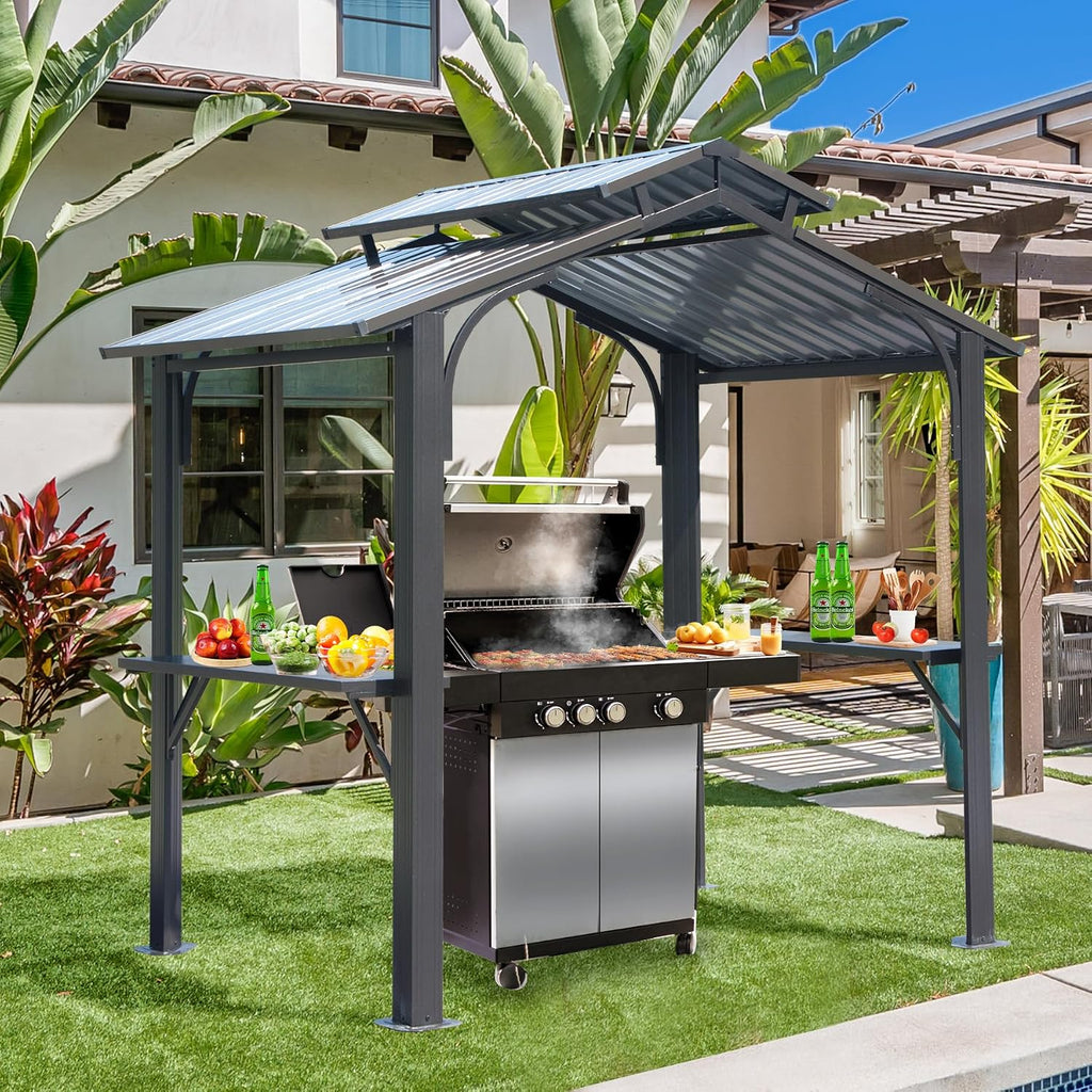 8x5FT Hardtop Grill Gazebo, All-Weather Outdoor Gazebo with 2 Side Shelves and Ceiling Hook, Galvanized Steel Double Roof, Outdoor Metal Grill Canopy for Patio, Backyard, Lawn, Deck – Grey