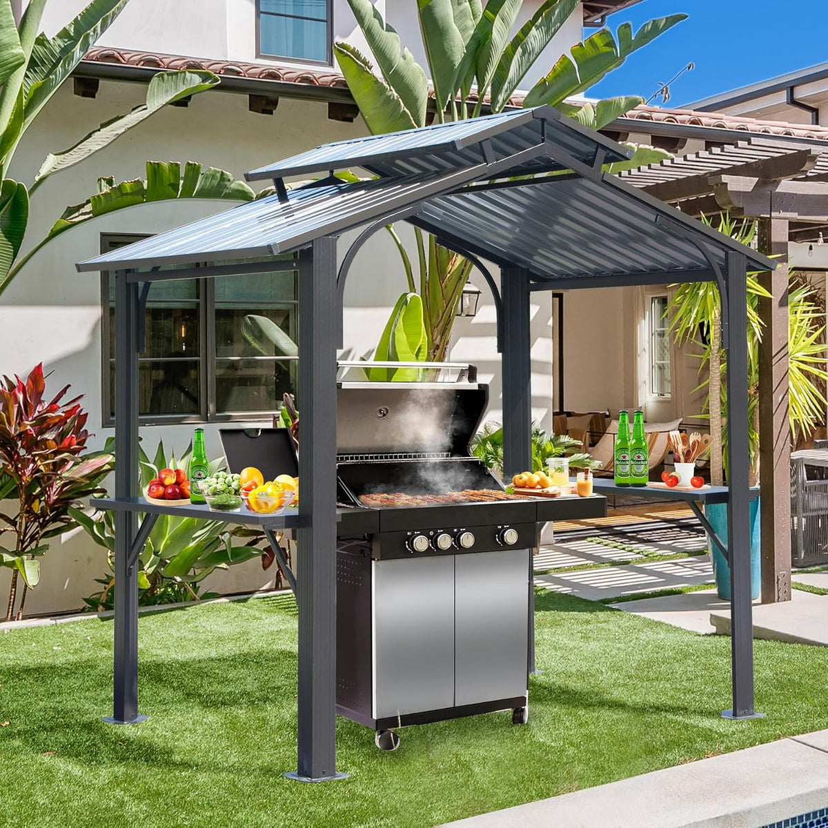 8x5FT Hardtop Grill Gazebo, All-Weather Outdoor Gazebo with 2 Side Shelves and Ceiling Hook, Galvanized Steel Double Roof, Outdoor Metal Grill Canopy for Patio, Backyard, Lawn, Deck – Grey
