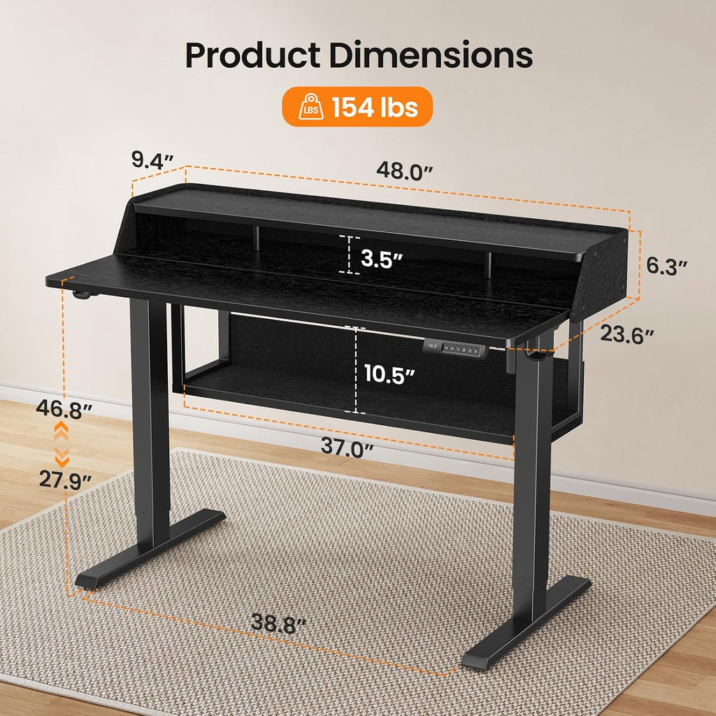 ErGear Electric Standing Desk, 48x24 Inch Adjustable Sit Stand Desk with Bookshelf & Monitor Stand, Standing Gaming Desk with LED Light Strip, Stand Up Desk for Home Office, Black