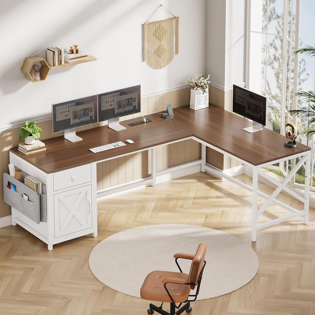 SEDETA 63' L Shaped Desk, Convertible Corner Office Desk with Drawer, Farmhouse Computer Desk with Power Strip & Storage Cabinet for Home Office, Brown & White