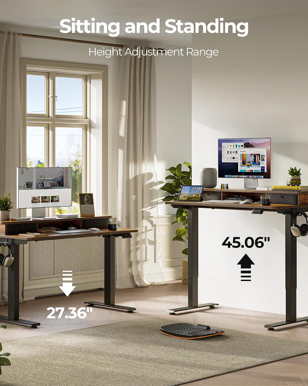 FEZIBO 40 x 24 Inch Height Adjustable Electric Standing Desk with Double Drawer, Stand up Home Office Computer Desk with 4 Height-Adjustable Feets & 2 Hooks, Rustic Brown