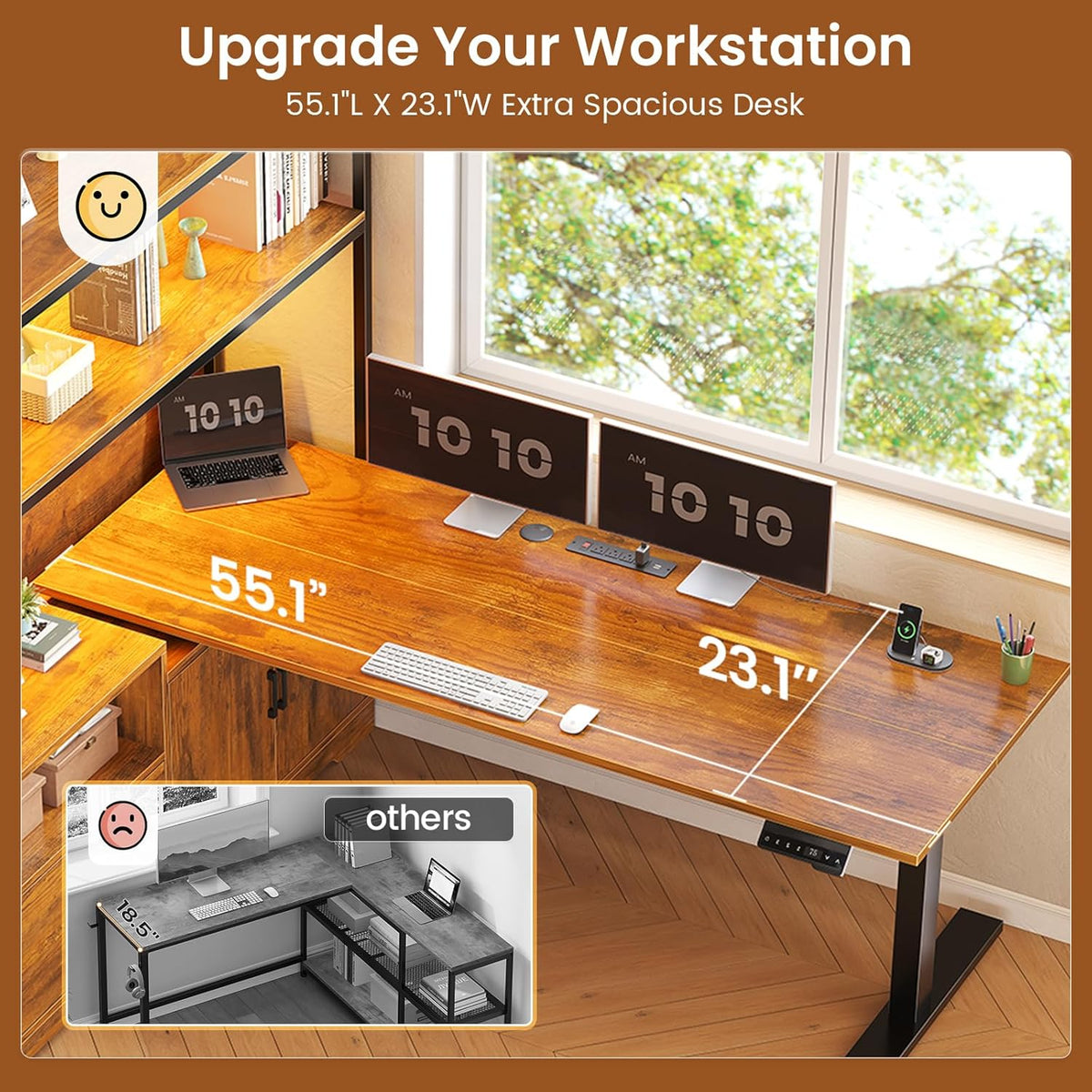 SEDETA 56.7' L Shaped Standing Desk, Reversible Computer Office Desk with Drawers & Hutch, Stand Up Corner Gaming Desks with LED Lights & Power Outlets for Home Office, Rustic Brown
