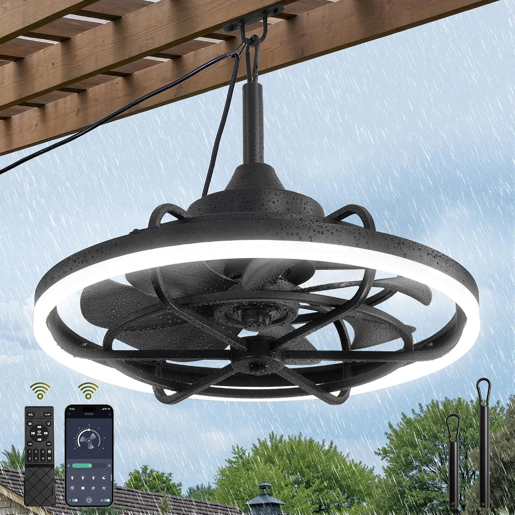 Fanbulous Outdoor Ceiling Fans with Light for Patios, 24' Weatherproof Plug in Ceiling Fan, Gazebo Fan Remote&APP Control, 3CCT Dimmable,Caged Ceiling Fan with Hanging Hook for Porch, Pergola,Canopy