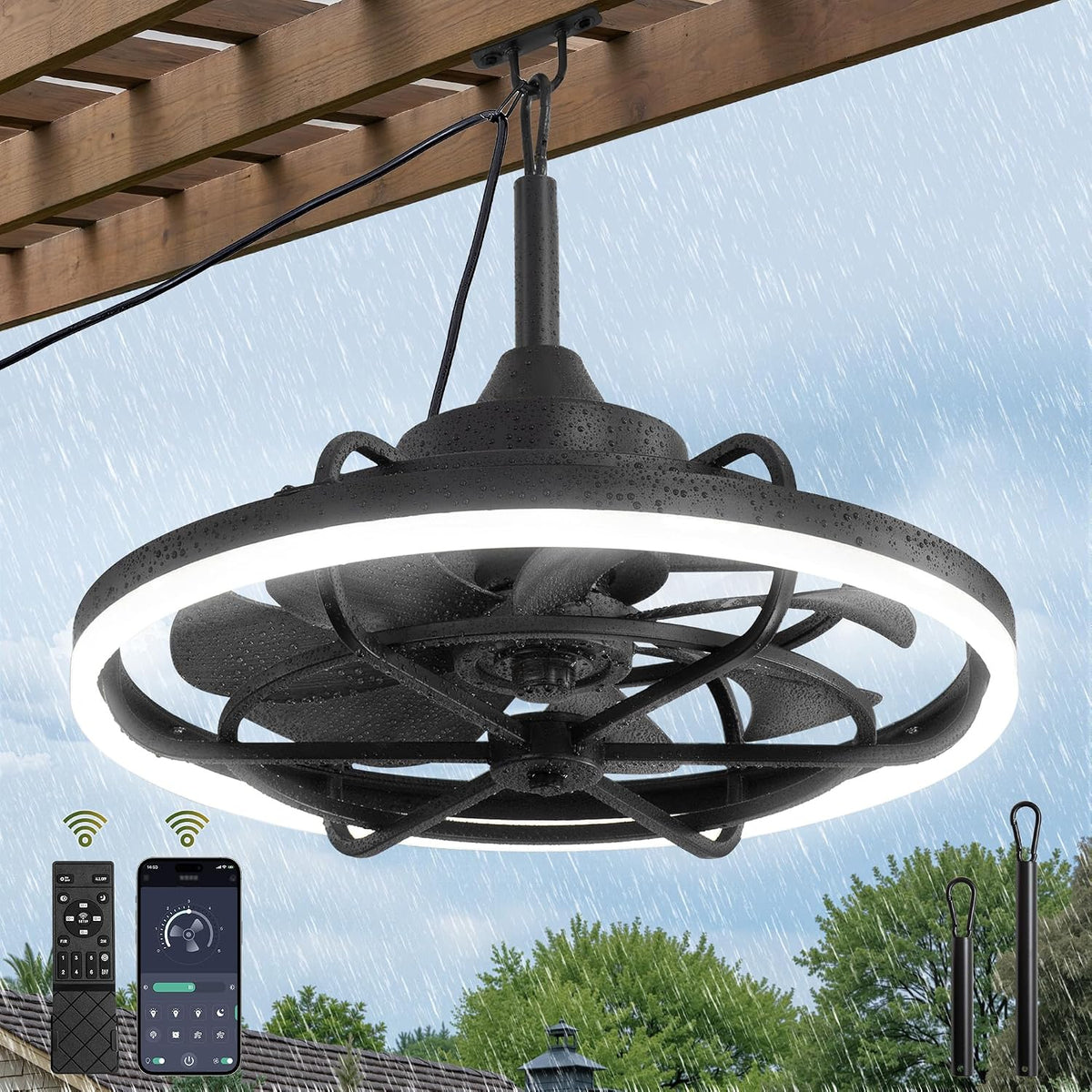 Fanbulous Outdoor Ceiling Fans with Light for Patios, 24' Weatherproof Plug in Ceiling Fan, Gazebo Fan Remote&APP Control, 3CCT Dimmable,Caged Ceiling Fan with Hanging Hook for Porch, Pergola,Canopy