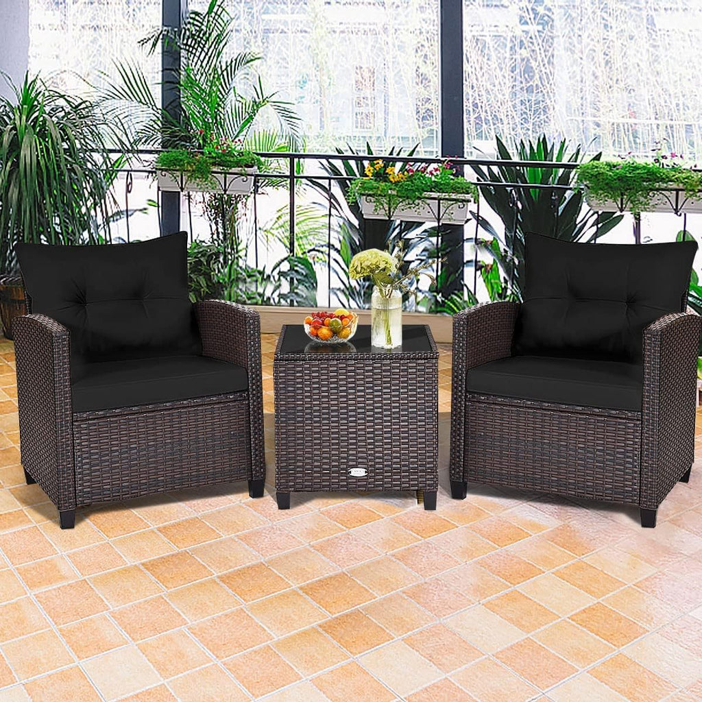 HAPPYGRILL 3 Pieces Patio Conversation Set, Outdoor Furniture Set PE Rattan Sofa Set with Removable Cushions, PE Wicker Chairs with Tempered Glass Side Table for Porch Lawn Garden Balcony Backyard