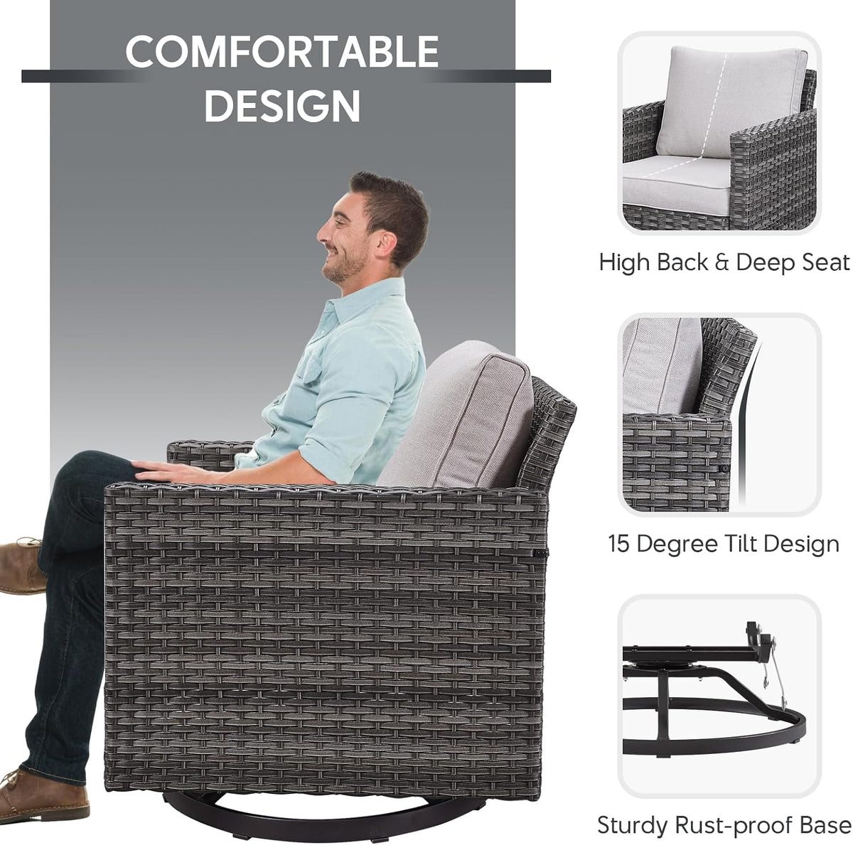 6 Piece Wicker Patio Furniture Set - Outdoor Swivel Rocker Chairs Set with Coffee Table, 3 Seat Sofa & Ottomans, Small Patio Conversation Sets Proch Furniture for Balcony Deck - Grey/Beige