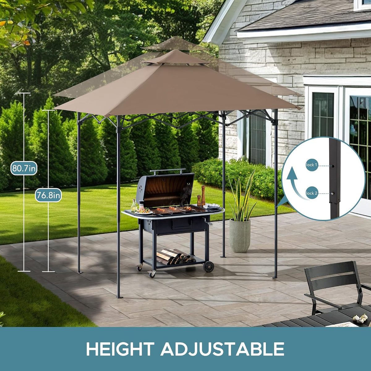 SUNJOY 8 x 5 ft. Grill Gazebo Pop Up Double Tiered Outdoor Gazebo Standing-Height Canopy with Magnetic LED Light, Adjustable Ceiling Height, for BBQ,Picnics, Outdoor Events, Brown