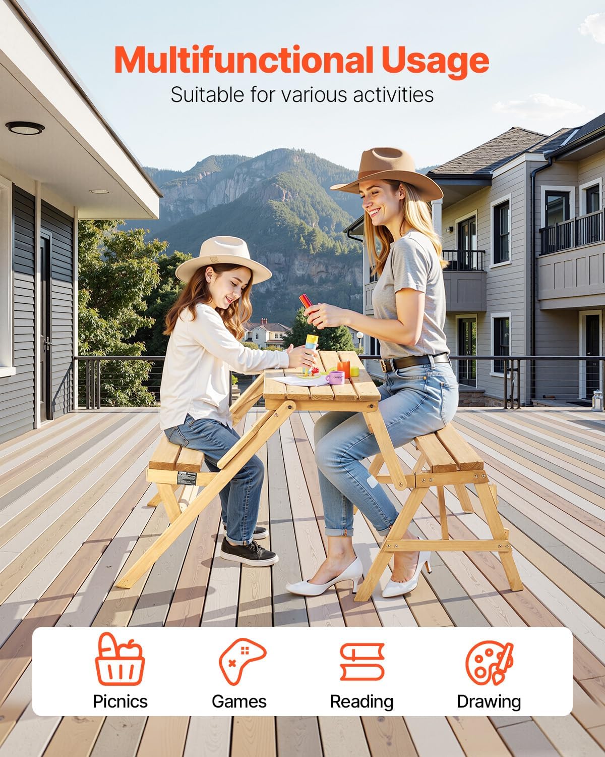 VEVOR 2-in-1 Transforming Interchangeable Picnic Table, Outdoor Wooden Table and Bench Set, Portable Foldable Bench with Umbrella Hole, Patio Dining Furniture for Garden, Backyard, Porch (Brown)