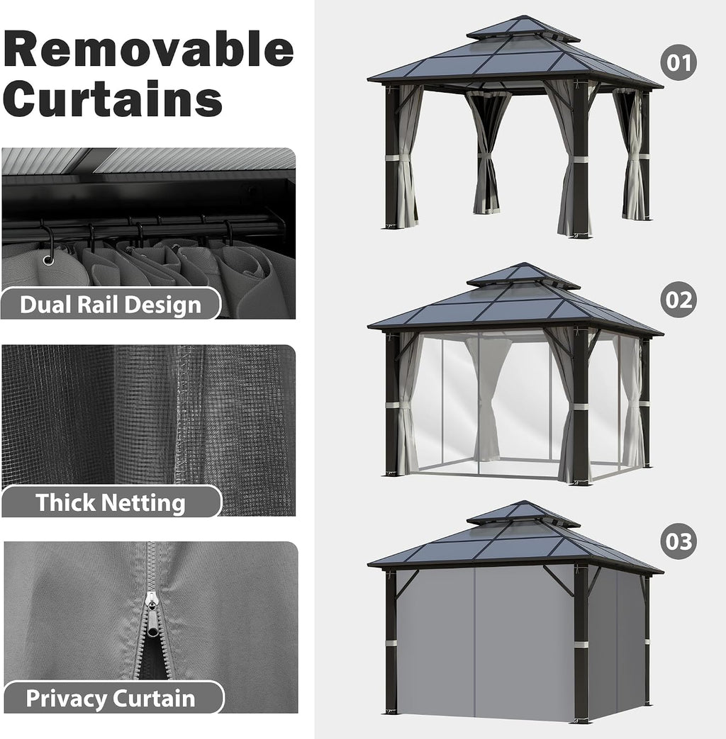 Hardtop Gazebo 10' x 10', Patio Gazebos with Polycarbonate Roof & Steel Frame, Outdoor Pavilion with Gray Curtain&Netting for Backyard/Lawn/Garden/Deck