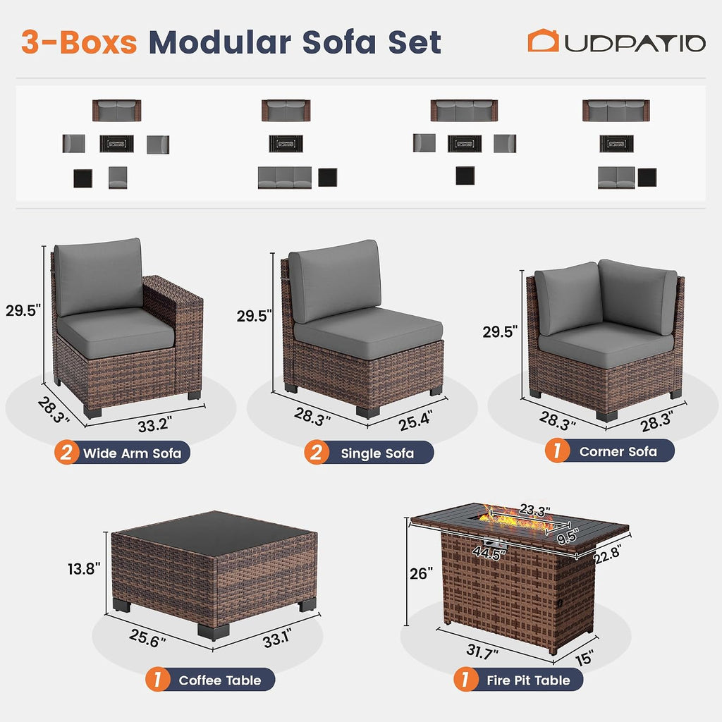 UDPATIO Furniture Set with Fire Pit Table, 8 Inch Wide Armrest 7 Piece Sectional Sofas, All-Weather Wicker Conversation for Garden, Backyard, Grey