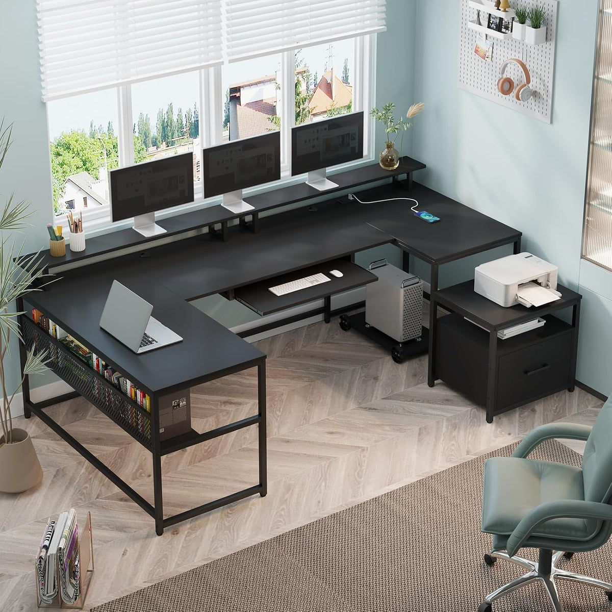 SEDETA U Shaped Desk,101.5''Reversible L Shaped Home Office Desk with Drawer & Power Outlet,Computer Two Person Desk with Monitor Shelf, Keyboard Tray, Black