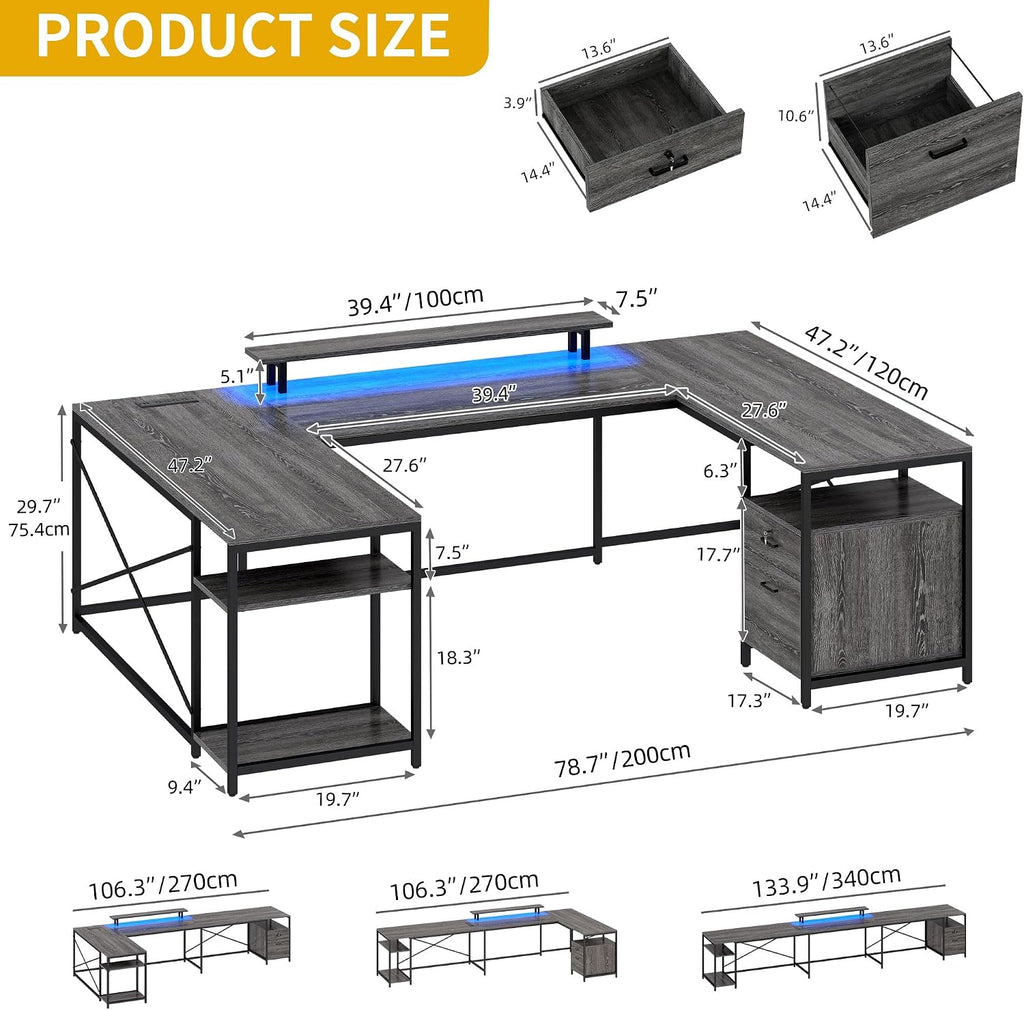 DWVO U Shaped Desk with Drawers, 79' Reversible L Shaped Desk with Power Outlets & LED Lights, Corner Computer Desk with Monitor Stand & Storage Shelves, Grey