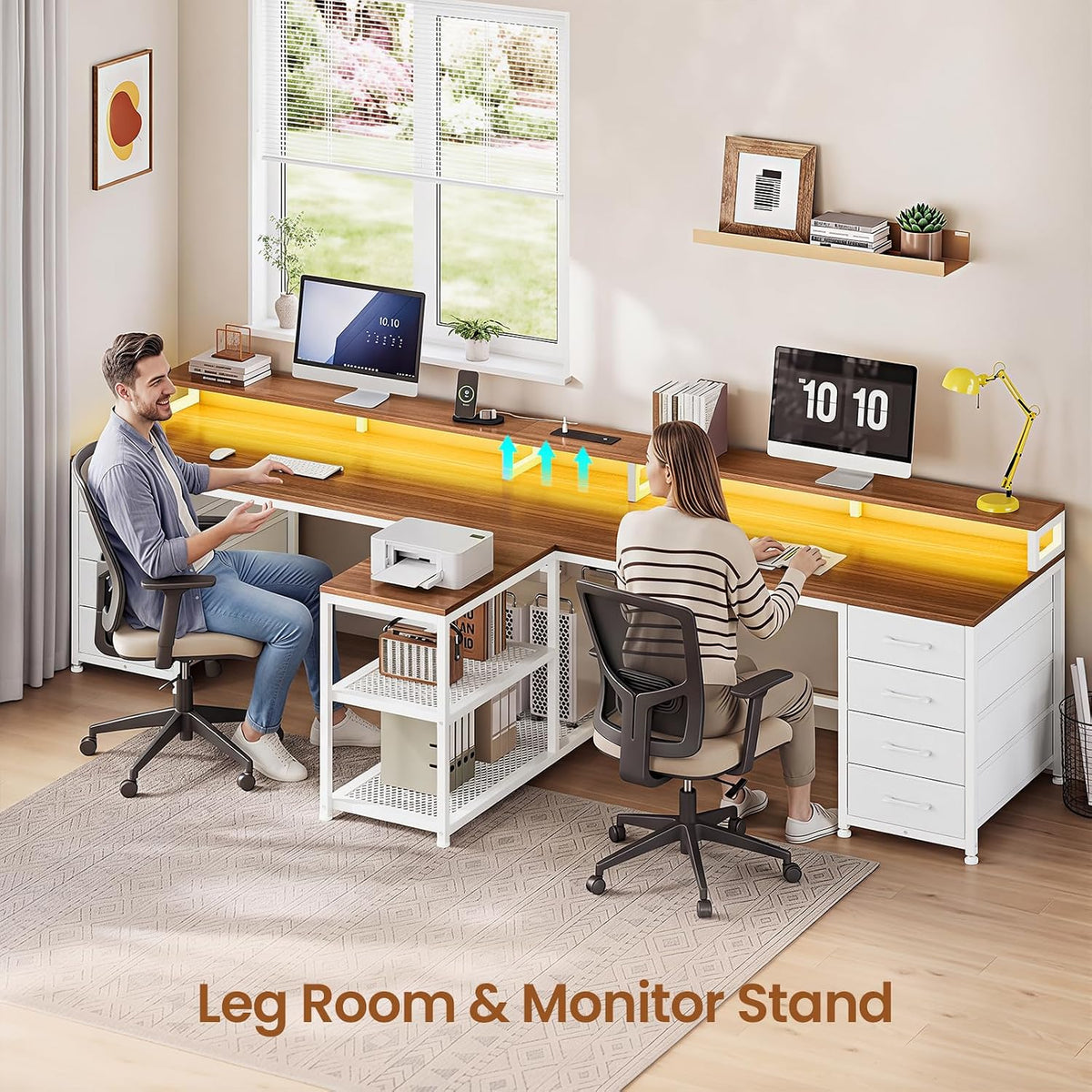 SEDETA 94.5' 2 Person Gaming Desk, Long Office Computer Desk with 8 Drawers & LED Light, Two Person Desk with Storage, Power Strip & Monitor Shelf for Home Office, Brown+White