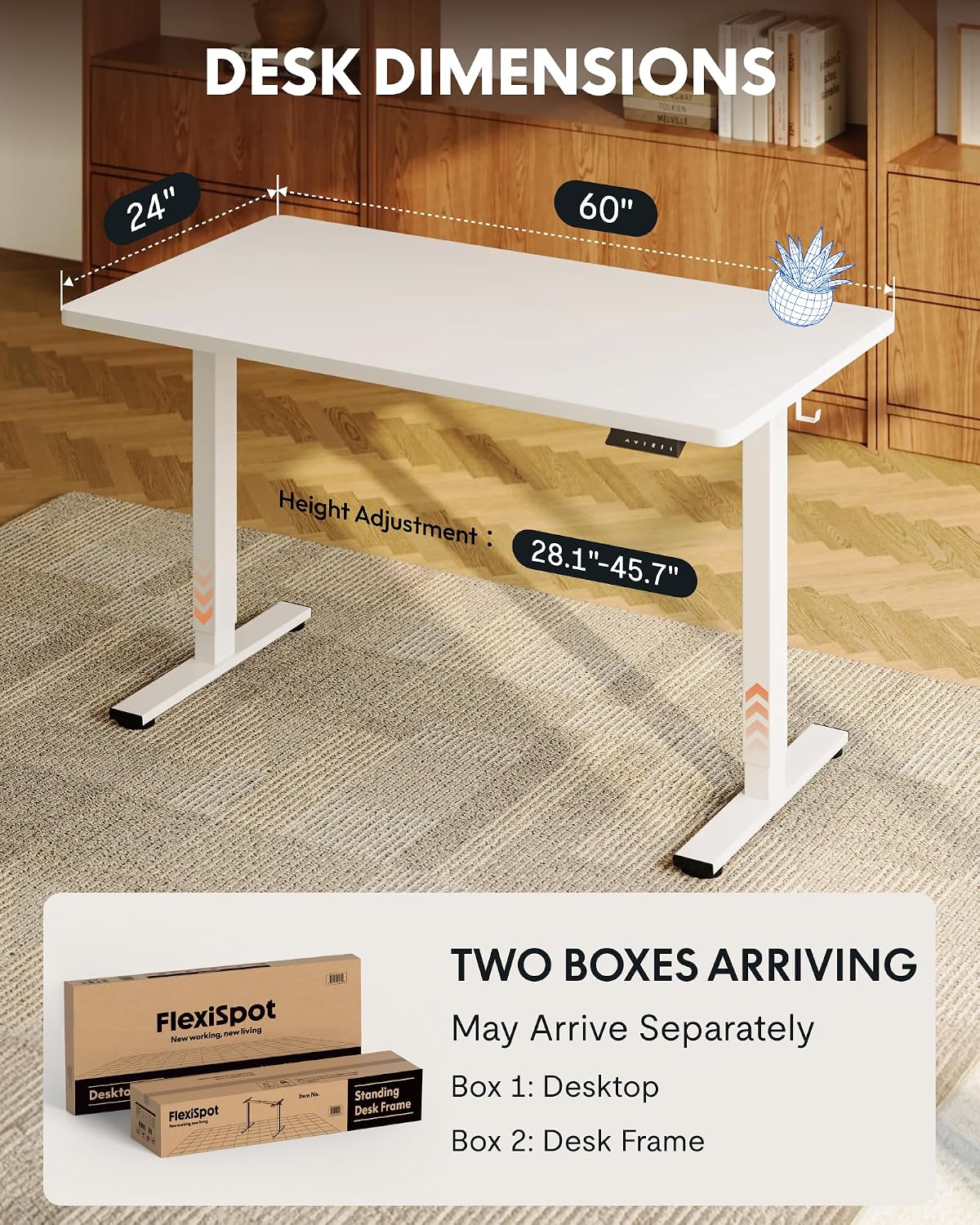 FLEXISPOT EN1 One-Piece Standing Desk with 1-Inch Thick Seamless Desktop, 60'x24' Electric Height Adjustable Desk for Home Office, Multi-Monitor Setups & Easy Assembly, White