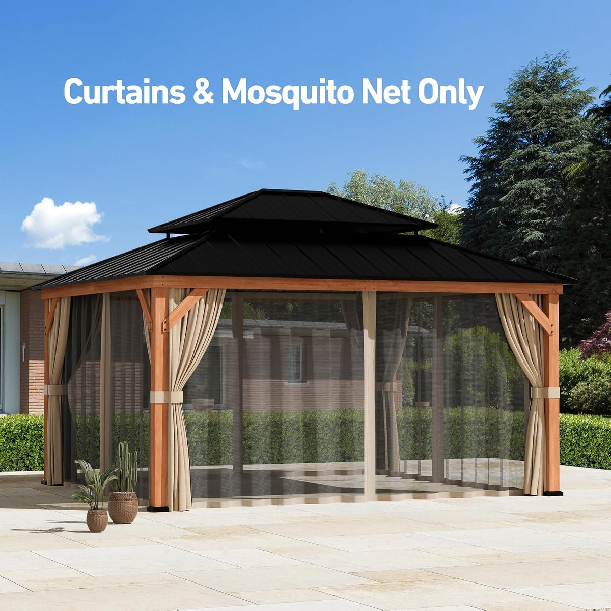 Covered Outdoor Outdoor Gazebo Privacy Curtains & Mosquito Netting with Zipper for 13' x 15' Cedar Wood Gazebo, Replacement Universal 4-Panel Sidewalls, Replacement for Patio Canopy, Khaki