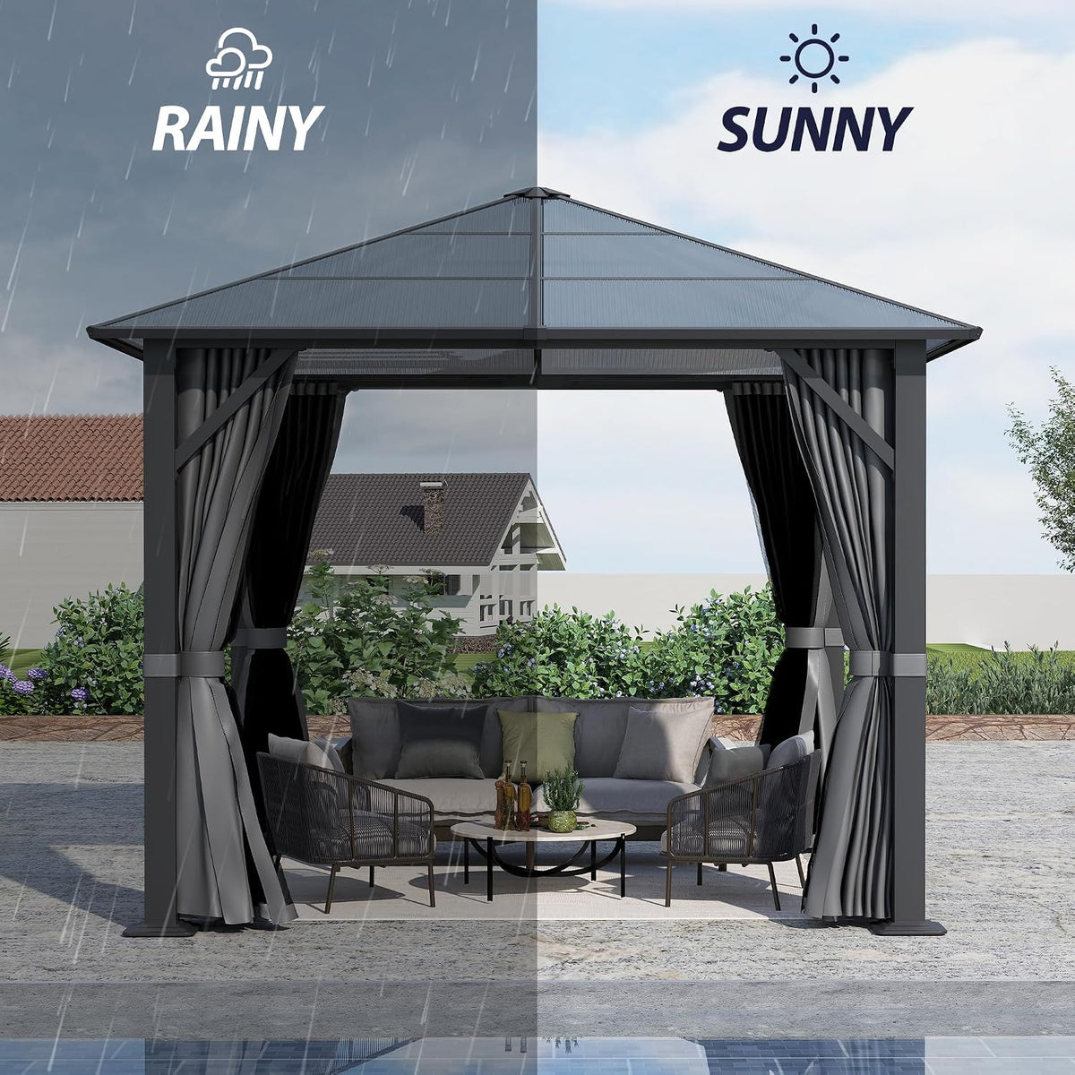 9.7 x 9.7FT Gazebo Hardtop, Outdoor Patio Gazebos with Polycarbonate Roof & Steel Frame, Outdoor Pavilion with Gray Curtain&Netting for Backyard/Lawn/Garden/Deck