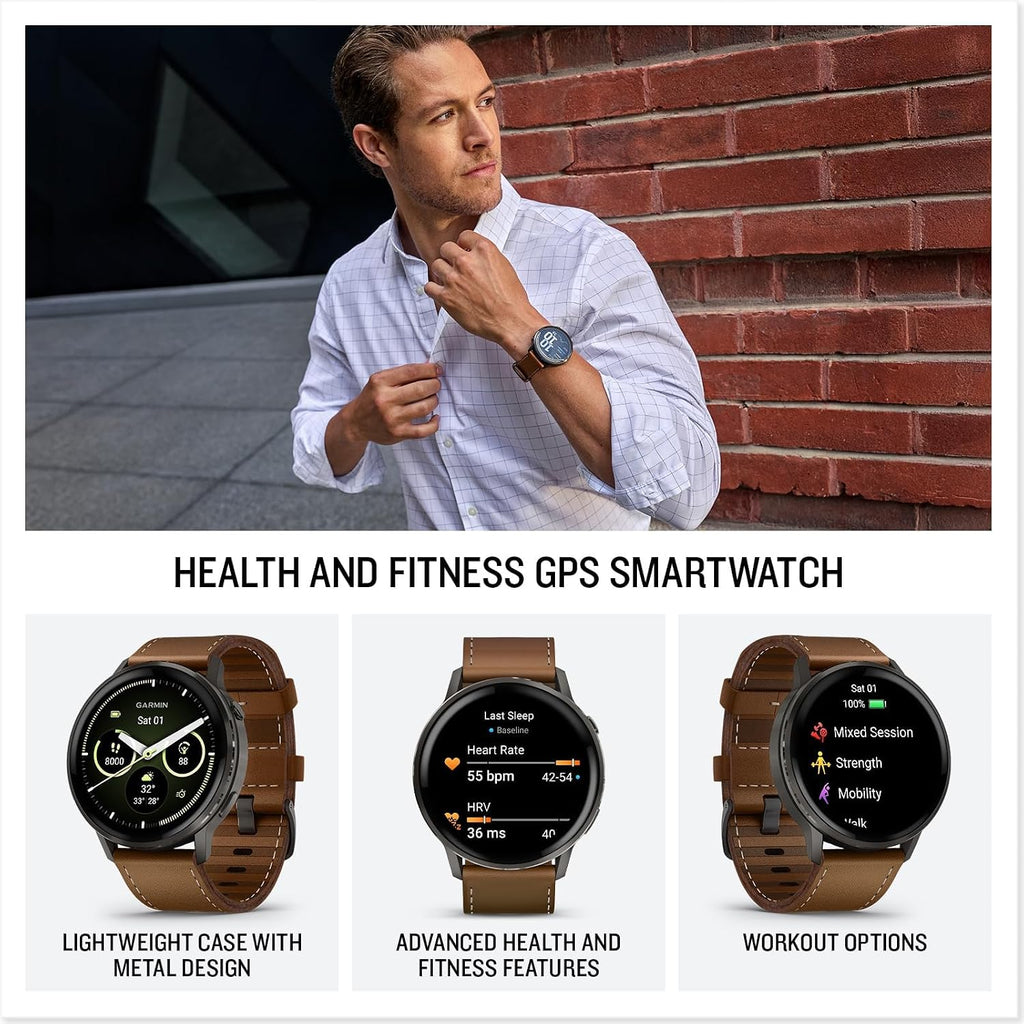 Garmin Venu 4 (45mm) Smartwatch – GPS, AMOLED, Sleep Coach, Body Battery, Slate w/Black Band and Brown Leather Band Bundle w/Deco Essentials Charging Dock, 3-Pack Dust Covers & 1.4' Screen Protector