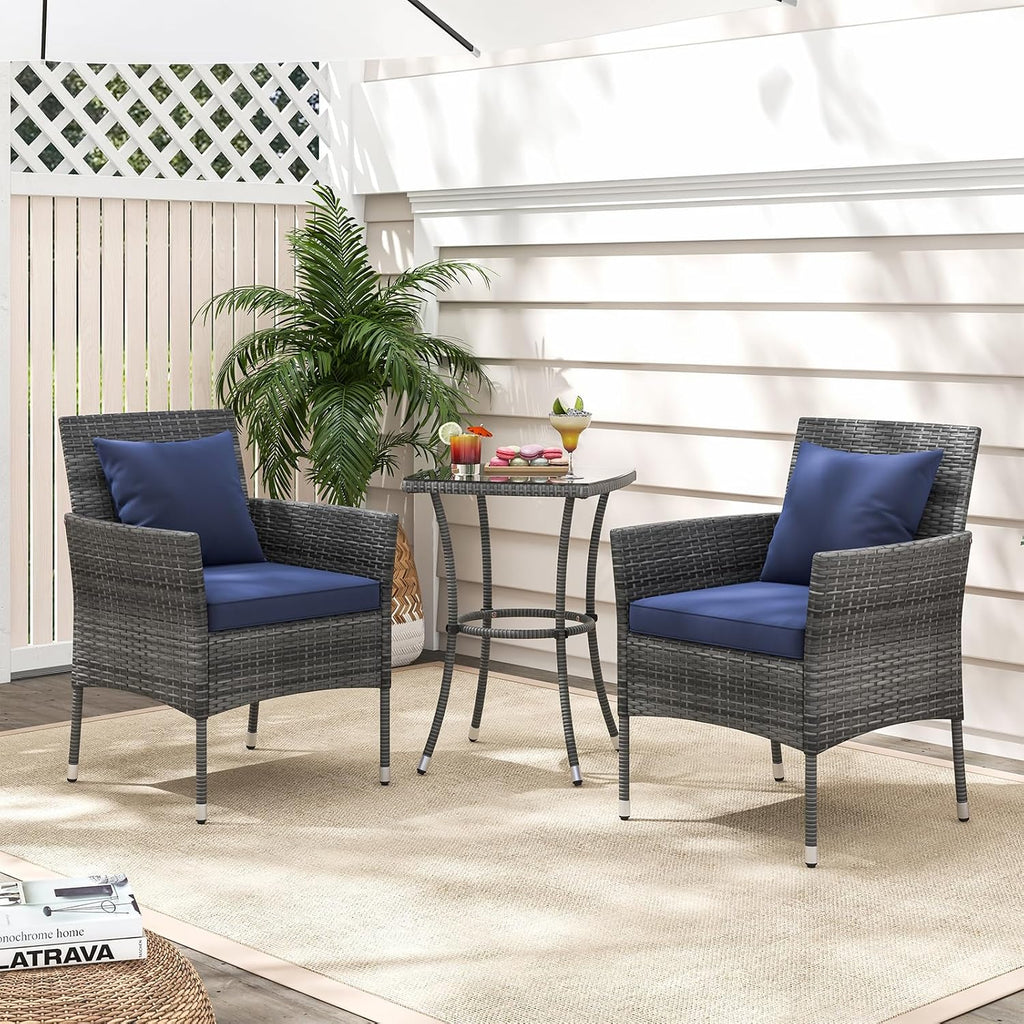 KOTEK 3 Pieces Patio Furniture Set, PE Rattan Outdoor Conversation Set with Tempered Glass Table & Soft Cushions, Wicker Bistro Set for Garden, Porch, Balcony (Navy)