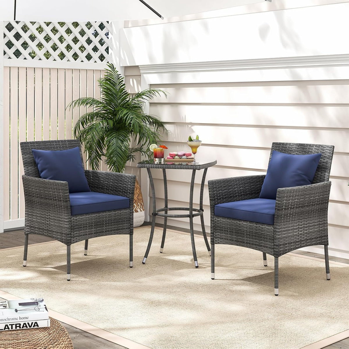 KOTEK 3 Pieces Patio Furniture Set, PE Rattan Outdoor Conversation Set with Tempered Glass Table & Soft Cushions, Wicker Bistro Set for Garden, Porch, Balcony (Navy)