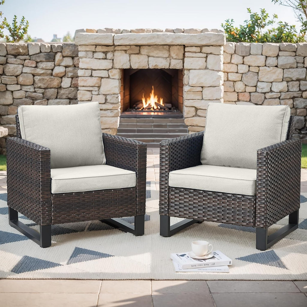 Rilyson Luxury Wicker Outdoor Patio Chairs Set of 2-Classic Rattan Chairs Water Resistant,Comfortable Cushions and Sturdy Metal Frame for Outside Porch Deck Backyard(Brown/Blue)