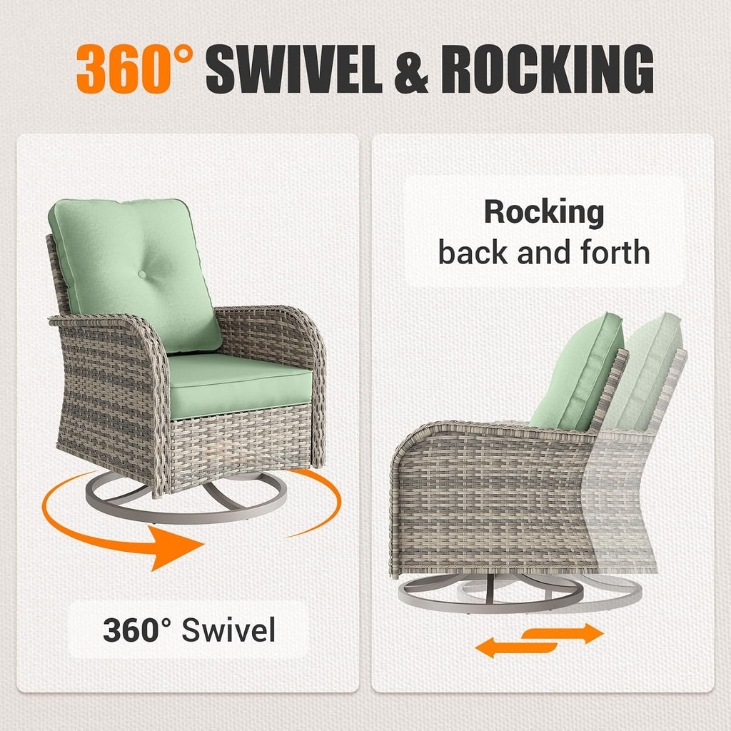 15-Piece Outdoor Patio Furniture Set with Rocking Swivel Chair, Wicker Rattan Sectional Sofa Conversation Set with Tempered Glass Table with Ottomans, Backyard Furniture, Light Green