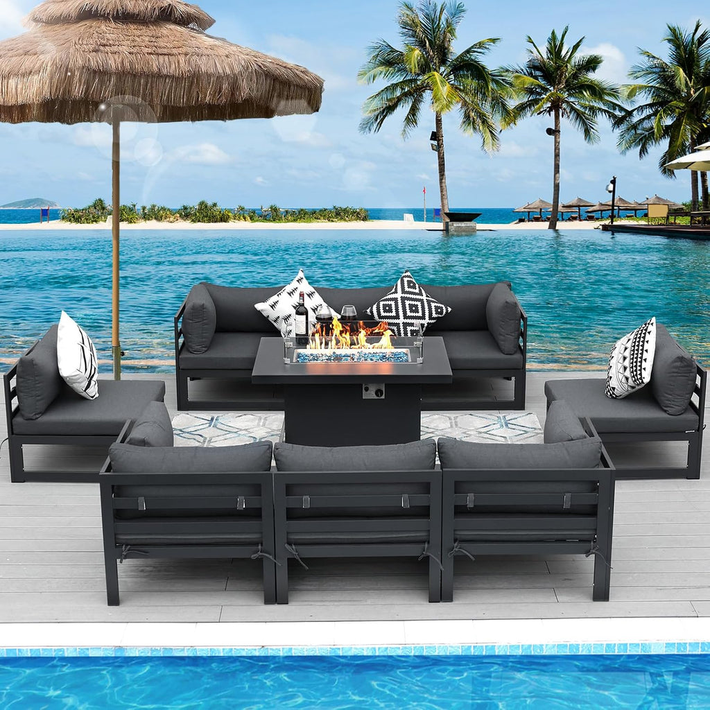 RADIATA 9 Pcs Modern Aluminum Outdoor Patio Furniture Set with Fire Pit Table Propane/Gas, Extra Large All-Weather Modular Sectional Couch, 29' Wide Deep Seating Conversation Sofa for Deck, Dark Grey