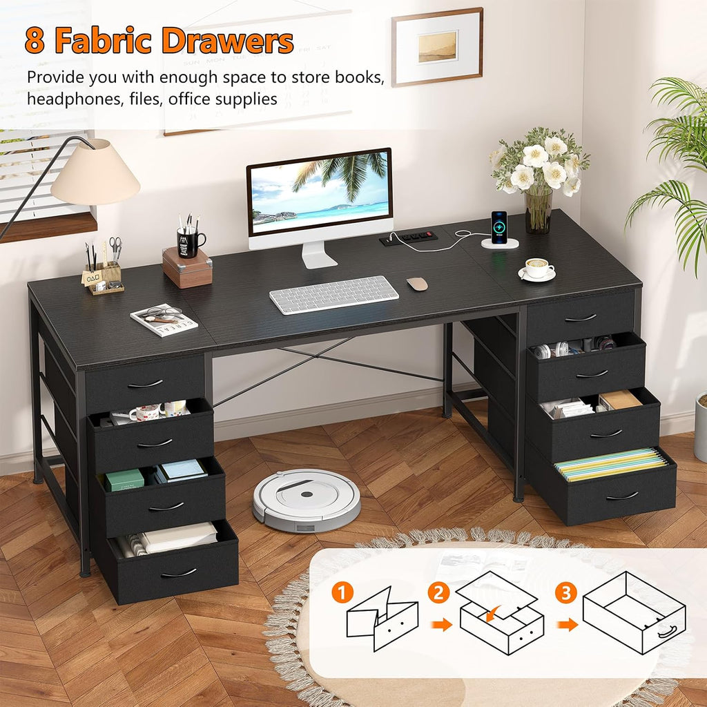 YOMILUVE 60 Inch Computer Desk with 8 Drawers, Home Office Desk with Power Outlets, Work Study Gaming Desk with 8 Fabric Drawers, Black