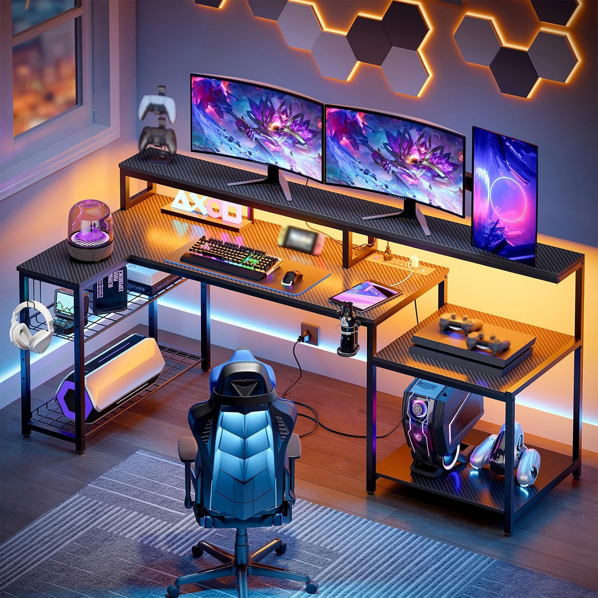 Bestier LED Gaming Desk with Power Outlets, 71 inch L Shaped Computer Desk with Monitor Stand, Large Desk with Printer Stand Adjustable Shelf, Cup Holder & Hooks, Home Office Desk Black
