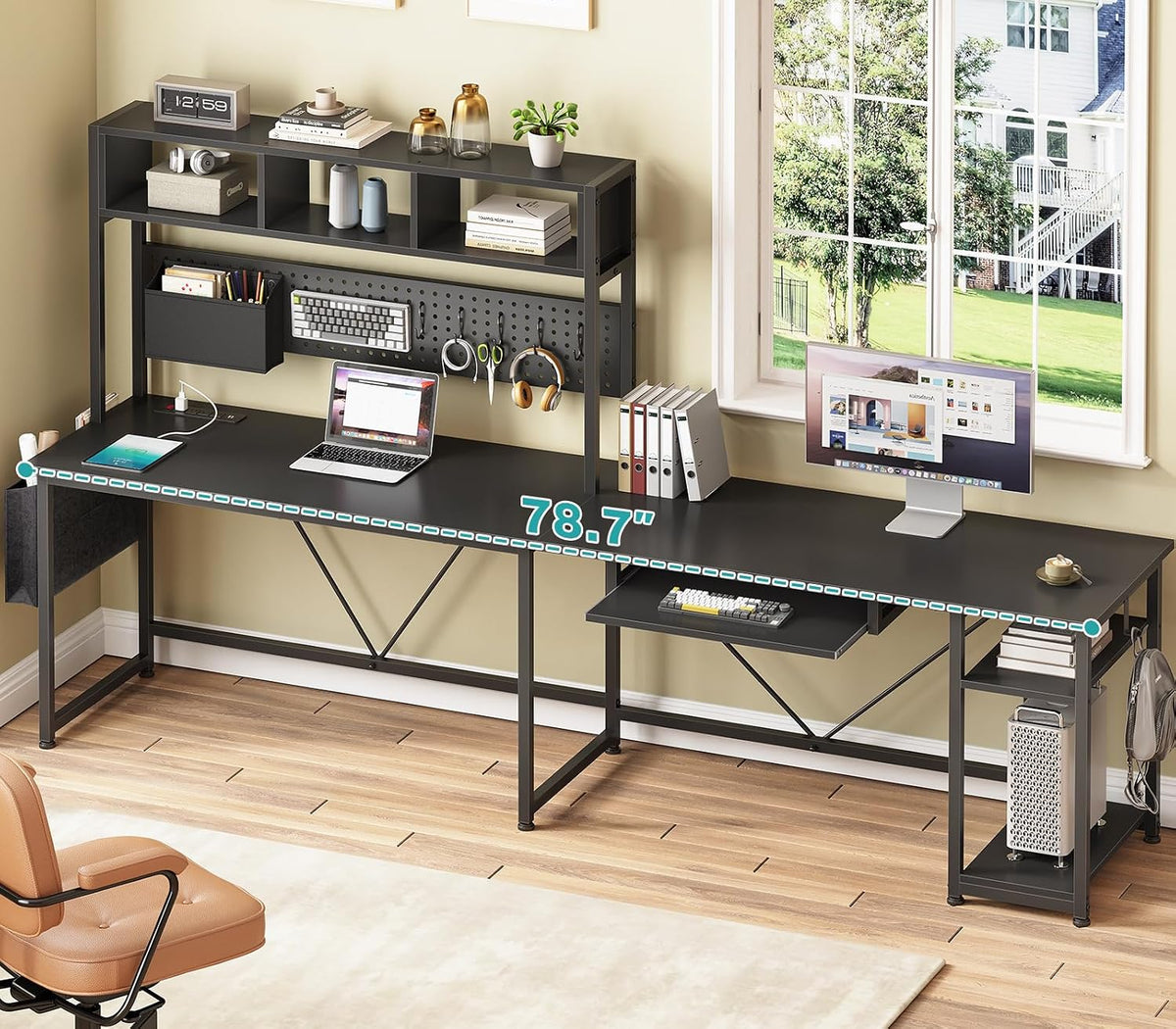 SEDETA L Shaped Gaming Desk with Hutch, 57.5' Reversible Corner Computer Desk with Storage Shelves, Gaming Desk with Pegboard, LED Lights, Power Outlet, Keyboard Tray and Storage Bag, Black