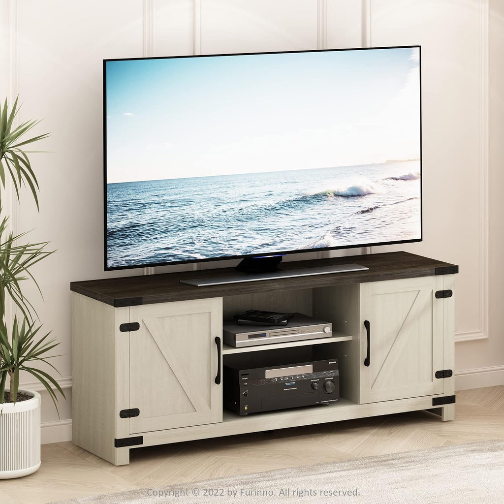 Furinno Jensen Farmhouse Barn Door Living Room TV Stand with Storage Cabinets for TV up to 70 Inch, Ebony/White Wash