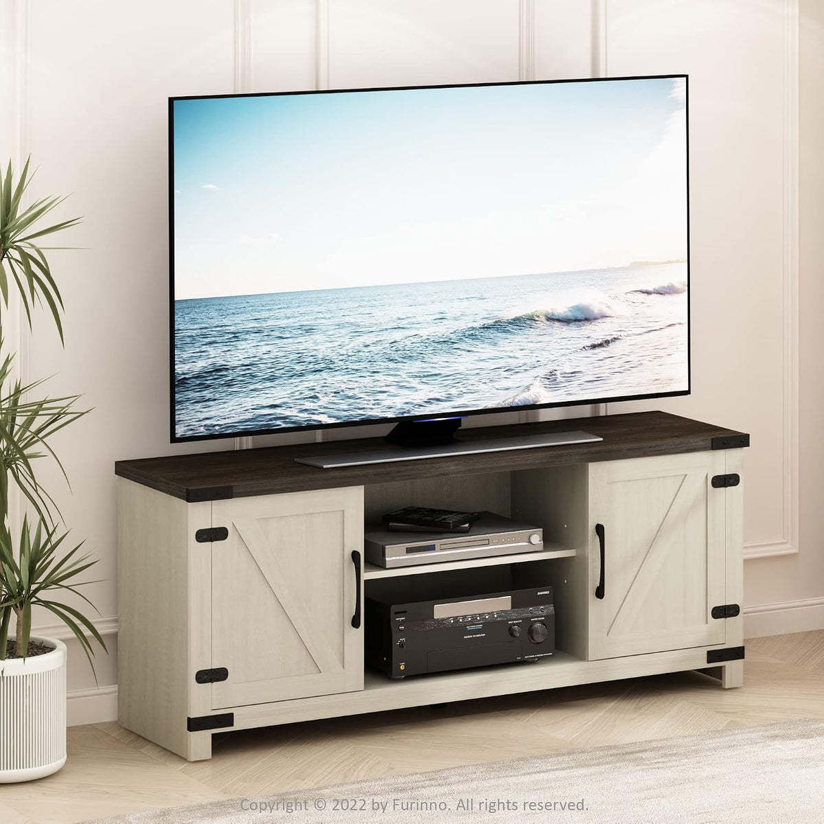 Furinno Jensen Farmhouse Barn Door Living Room TV Stand with Storage Cabinets for TV up to 70 Inch, Ebony/White Wash