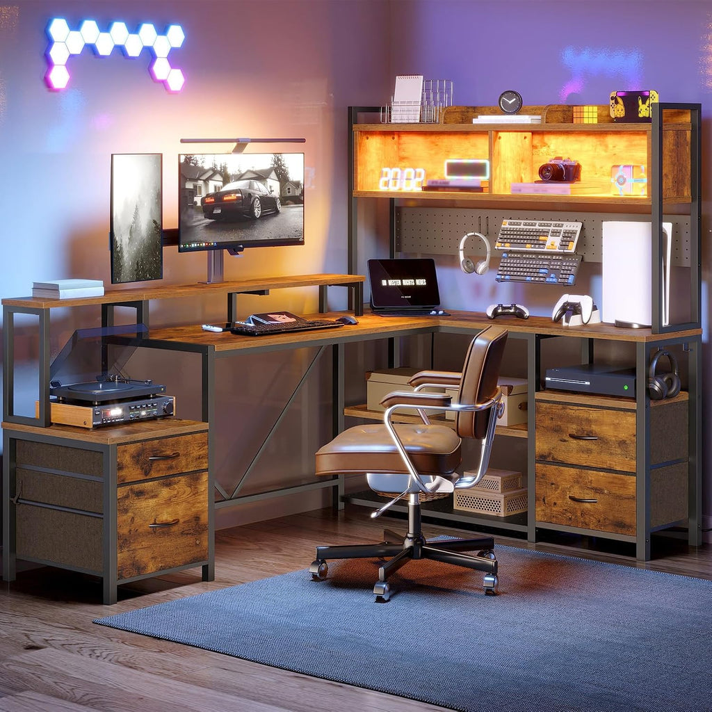 RALGEND 75' L Shaped Gaming Desk with Hutch, L Shaped Desk with Drawers, LED Light, Power Outlets & Pegboard, Corner Desk with Storage Shelves & Monitor Stand for Home Office, Rustic Brown and Black