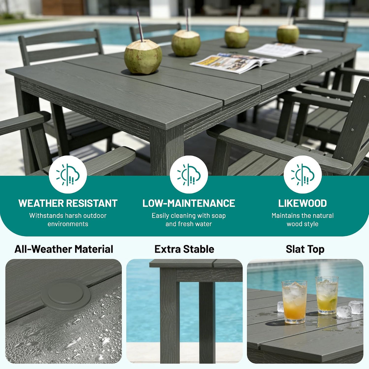 PLUUV Patio Dining Chairs Set of 2, HDPE Armless Patio Chairs with 350 lbs Weight Capacity, All-Weather Outdoor Dining Chairs for Backyard, Garden, Deck, Wood-Like Texture, Grey