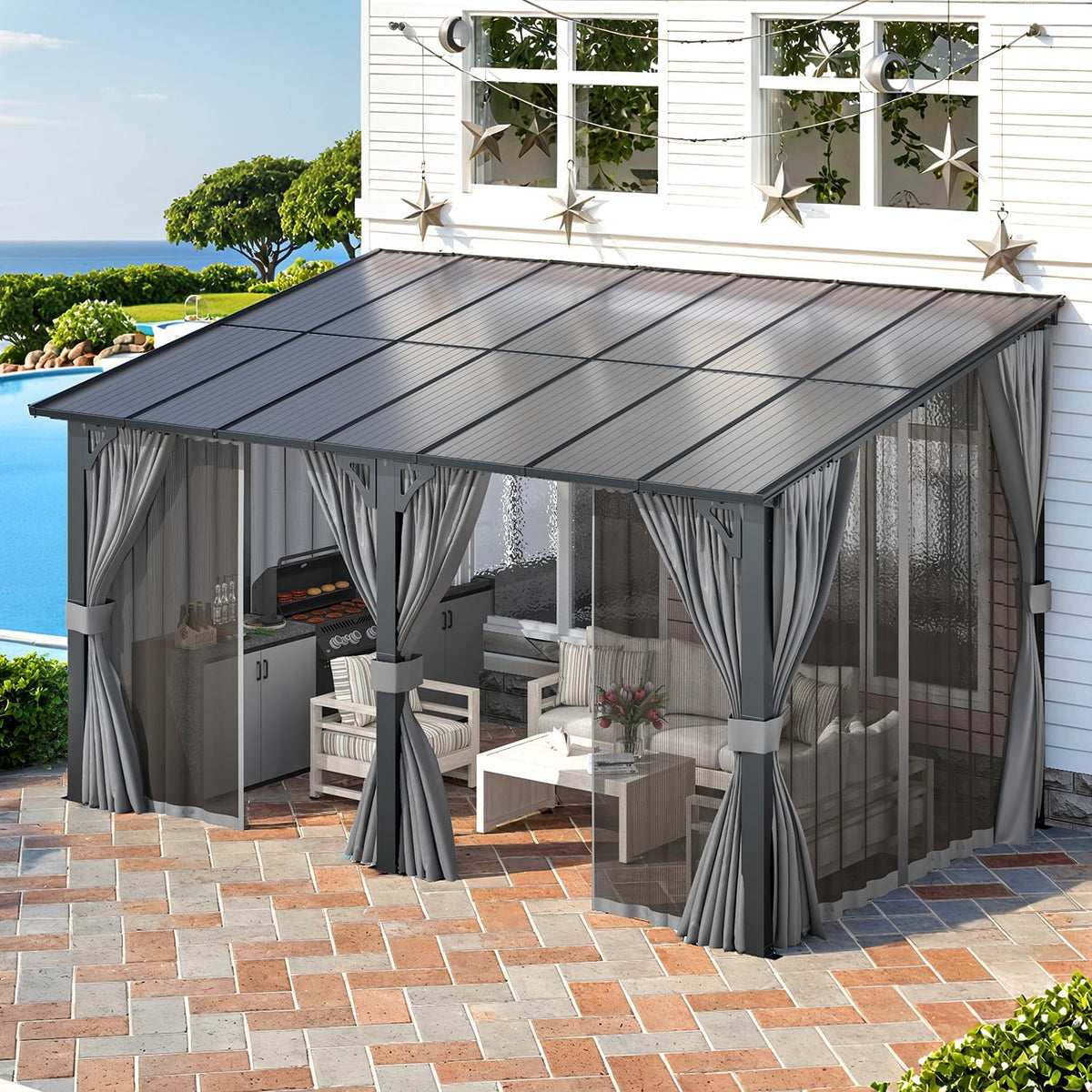 AECOJOY 14' x 8' Outdoor Gazebo, Hardtop Pergola Lean to 8x14 Gazebo with Curtains and Netting, Pergolas and Gazebos Clearance with Patio Roof, Large Wall-Mounted Heavy Duty Awnings for Patio, Decks