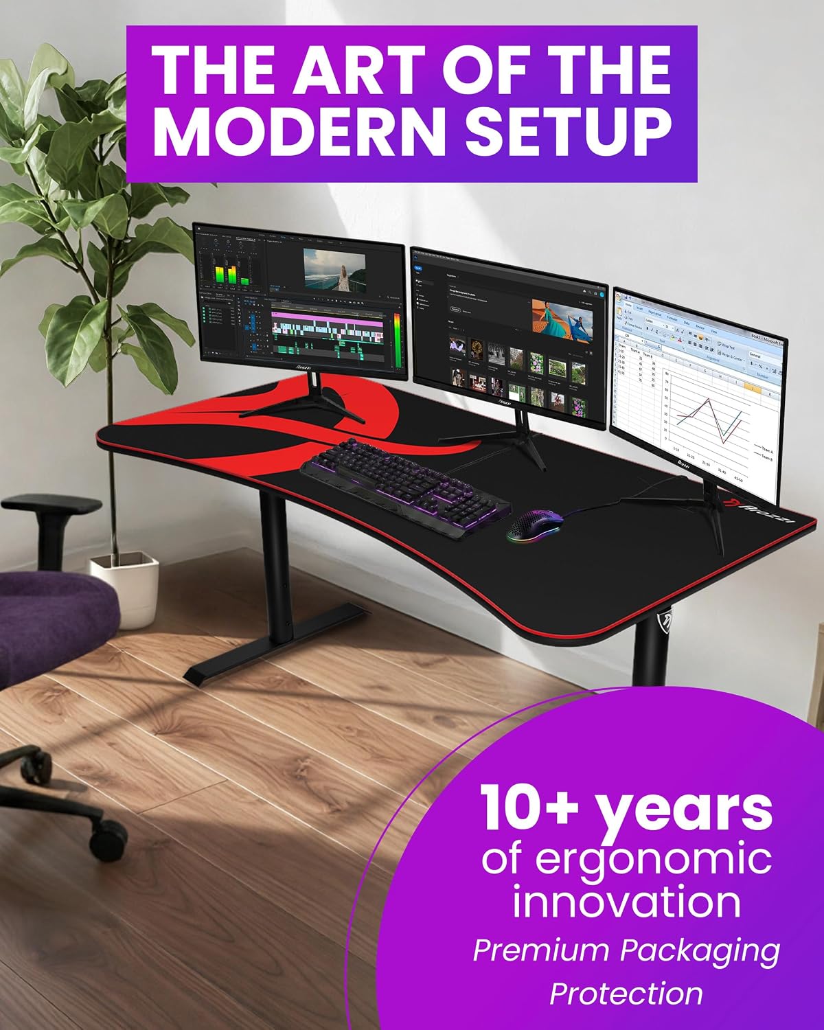 Arozzi Arena Gaming Desk 63' Wide, Ultrawide Curved Gaming and Office Desk, Large Gaming Desk with Custom Monitor Mount & Cable Management Under Desk (Black)