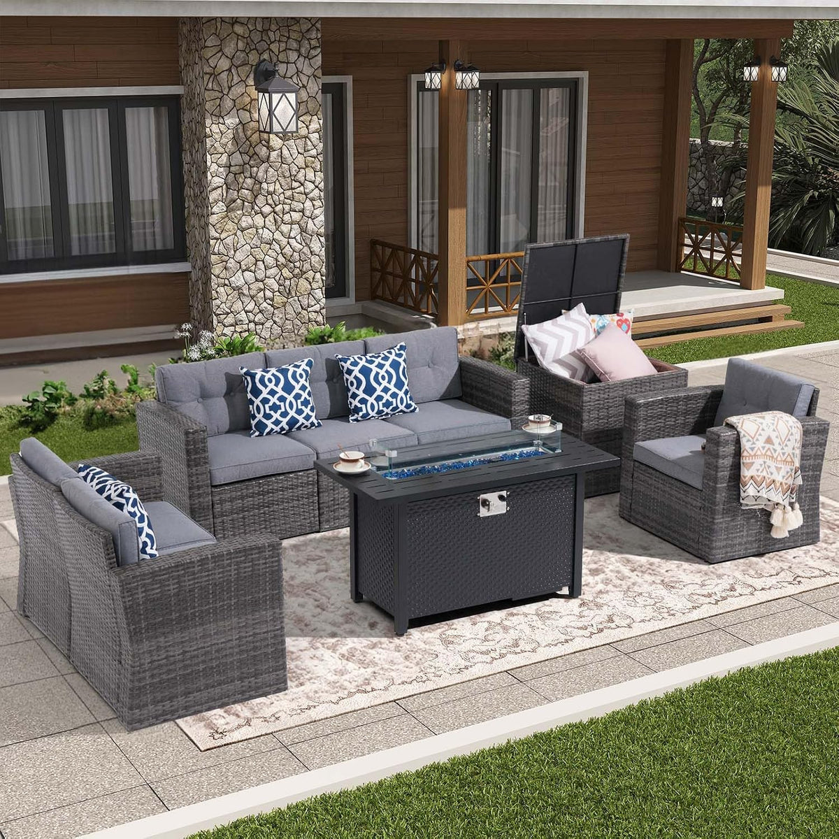 Super Patio 8 Pieces Outdoor Patio Furniture Set with 45' Fire Pit Table, Rattan Patio Conversation Sets with 50000 BTU Gas Fire Pit, Wicker Sectional Sofa Set with Storage Box, Gray (Without Table)