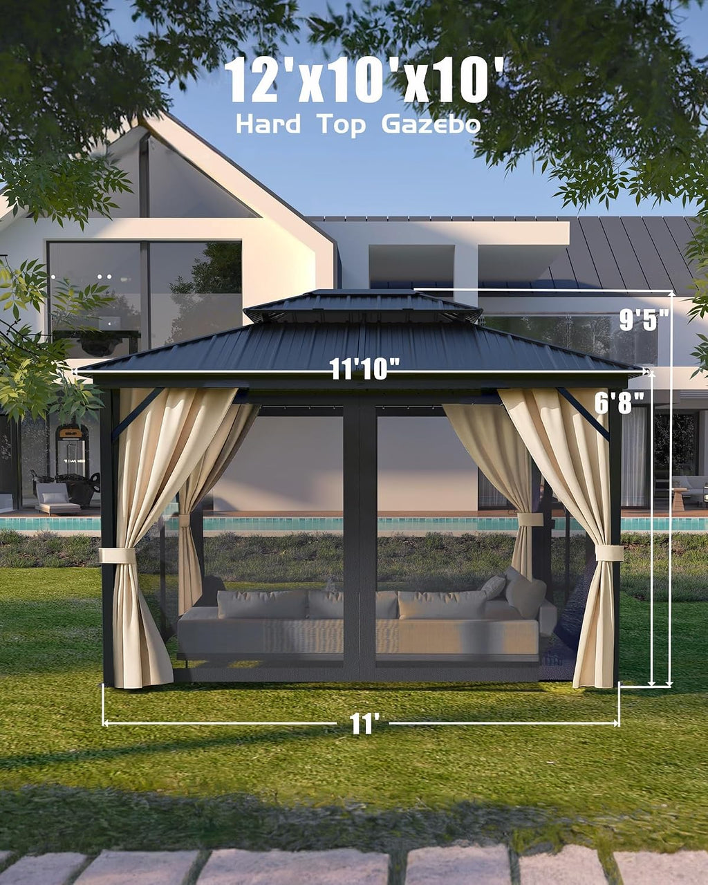 KYBOLT 10x12 Ft Hardtop Gazebos with Heavy Duty Double Roof, Nettings and Curtains Galvanized Steel Outdoor Gazebos for Patio, Backyard, Deck, Lawn
