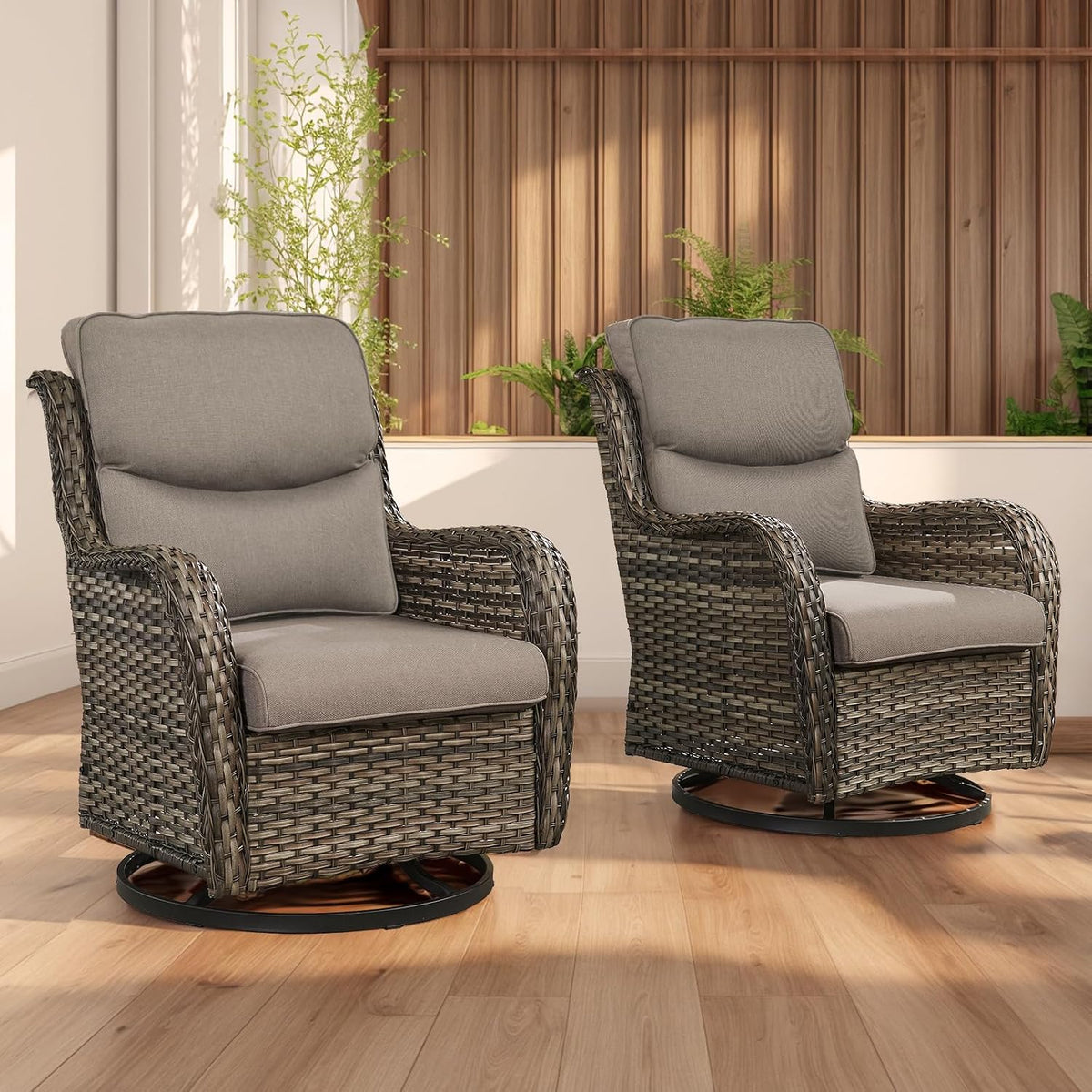 Rilyson Wicker Rocking Chair Swivel Chairs - 2 Piece Rocker Patio Chairs Set Rattan Rocking Chair for Outdoor Porch Deck Garden Backyard (Mixed Grey/Grey/Smile)