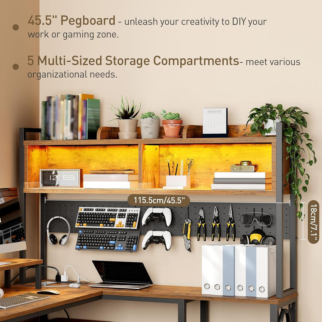 RALGEND 75' L Shaped Gaming Desk with Hutch, L Shaped Desk with Drawers, LED Light, Power Outlets & Pegboard, Corner Desk with Storage Shelves & Monitor Stand for Home Office, Rustic Brown and Black
