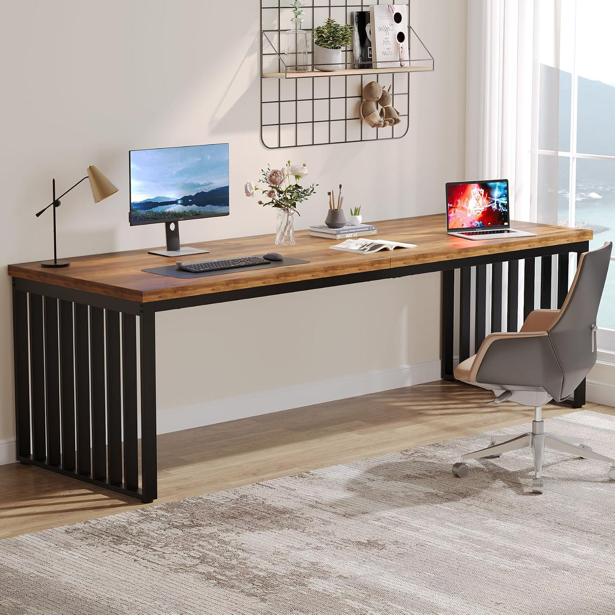 Tribesigns 78.74' Extra Long Computer Desk for 2 Person, Double Long Desk with Heavy Duty Metal Frame, Double Workstation Study Table for Home Office (Without Chair) (Brown & Black)