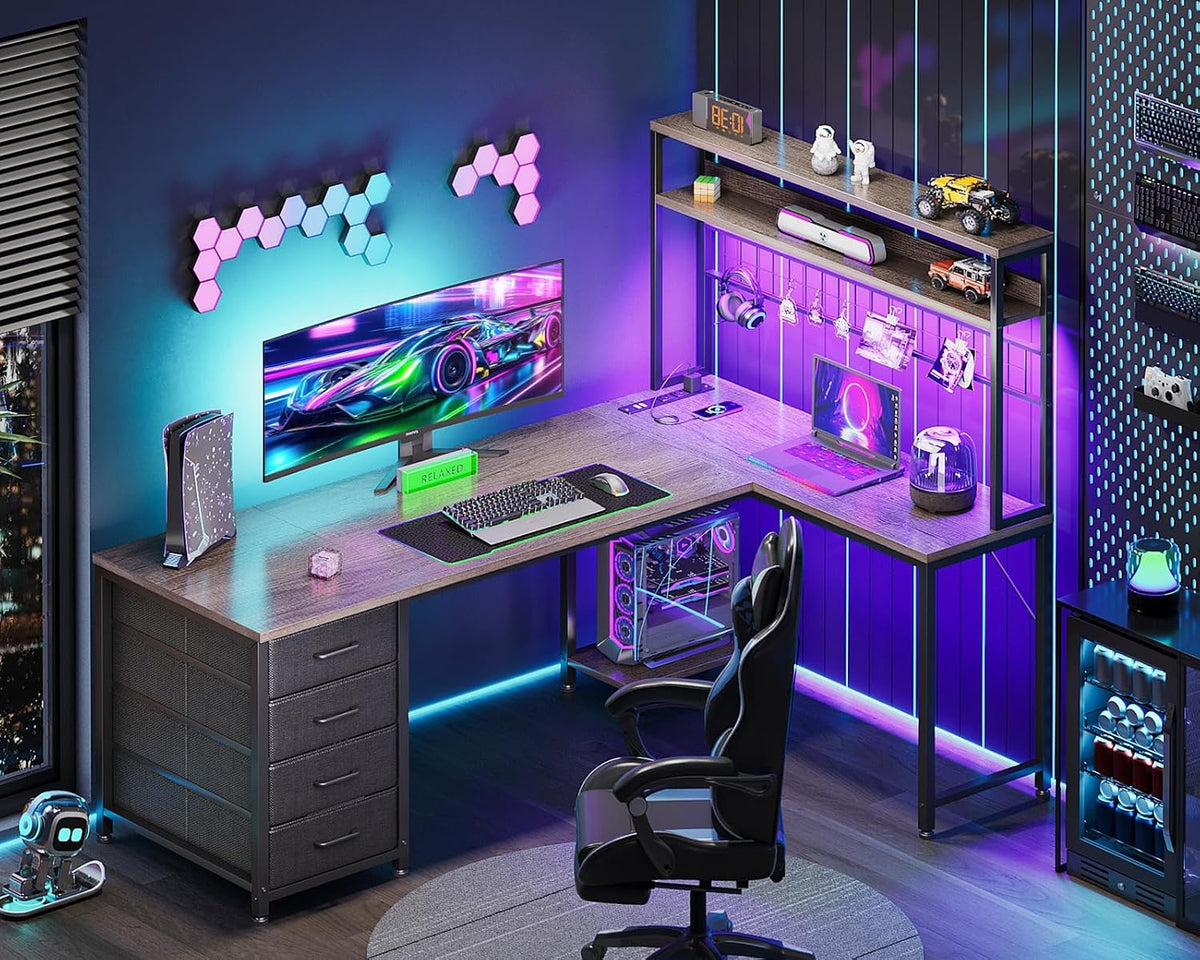 AODK L Shaped Desk Gaming Desk with LED Light & Power Outlet, 59 Inch Reversible L Shaped Computer Table with 4 Drawers for Home Office, Grey