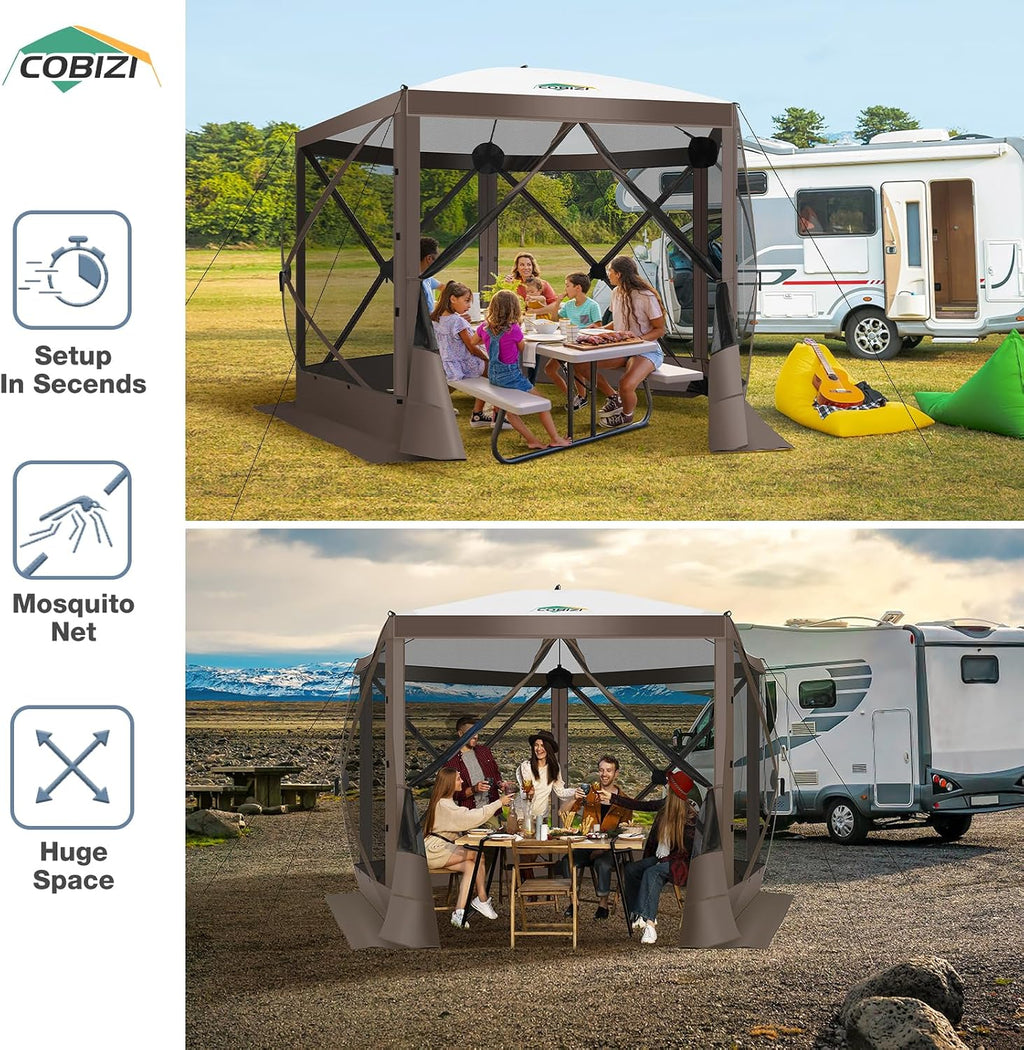 COBIZI Pop Up Gazebo Screen Tent Screen House for Camping, 10FTx10FT Screen Room with Mosquito Netting, Hub Tent Instant Screened Canopy with Carrying Bag and Ground Stakes, Brown