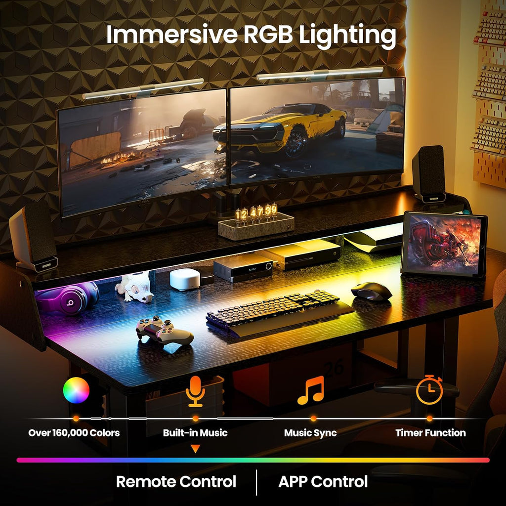 ErGear Electric Standing Desk, 48x24 Inch Adjustable Sit Stand Desk with Bookshelf & Monitor Stand, Standing Gaming Desk with LED Light Strip, Stand Up Desk for Home Office, Black