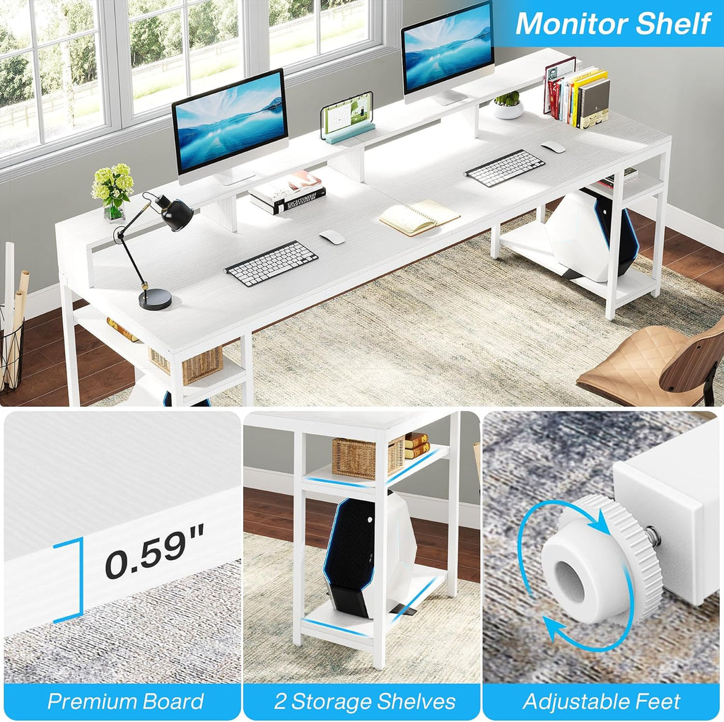 Tribesigns Two Person Desk with Monitor Stand, 78.74' Long Double Computer Office Desk with Storage Shelves, Large Gaming Desk Study Writing Table Workstation for Home Office (White)