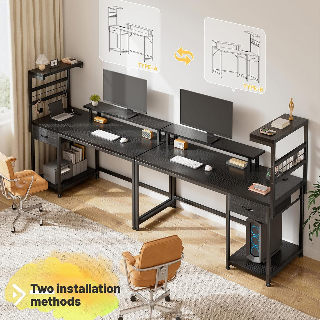 EnHomee 48' Gaming Desk with LED Lights & Power Outlets, Home Office Desk with Monitor Stand, Computer Desk with Drawer & Storage Shelves for Living Room, Study Room, Gaming Room, Black