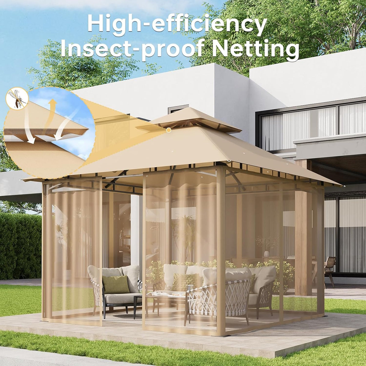 Aoxun 10x10 Gazebo with Double Roof & Mosquito Netting Outdoor Heavy-Duty Party Tent, Patio Tent with Zipper Screens - Backyard Garden Lawn Shelter Includes Wind Ropes Expansion Bolts, Beige