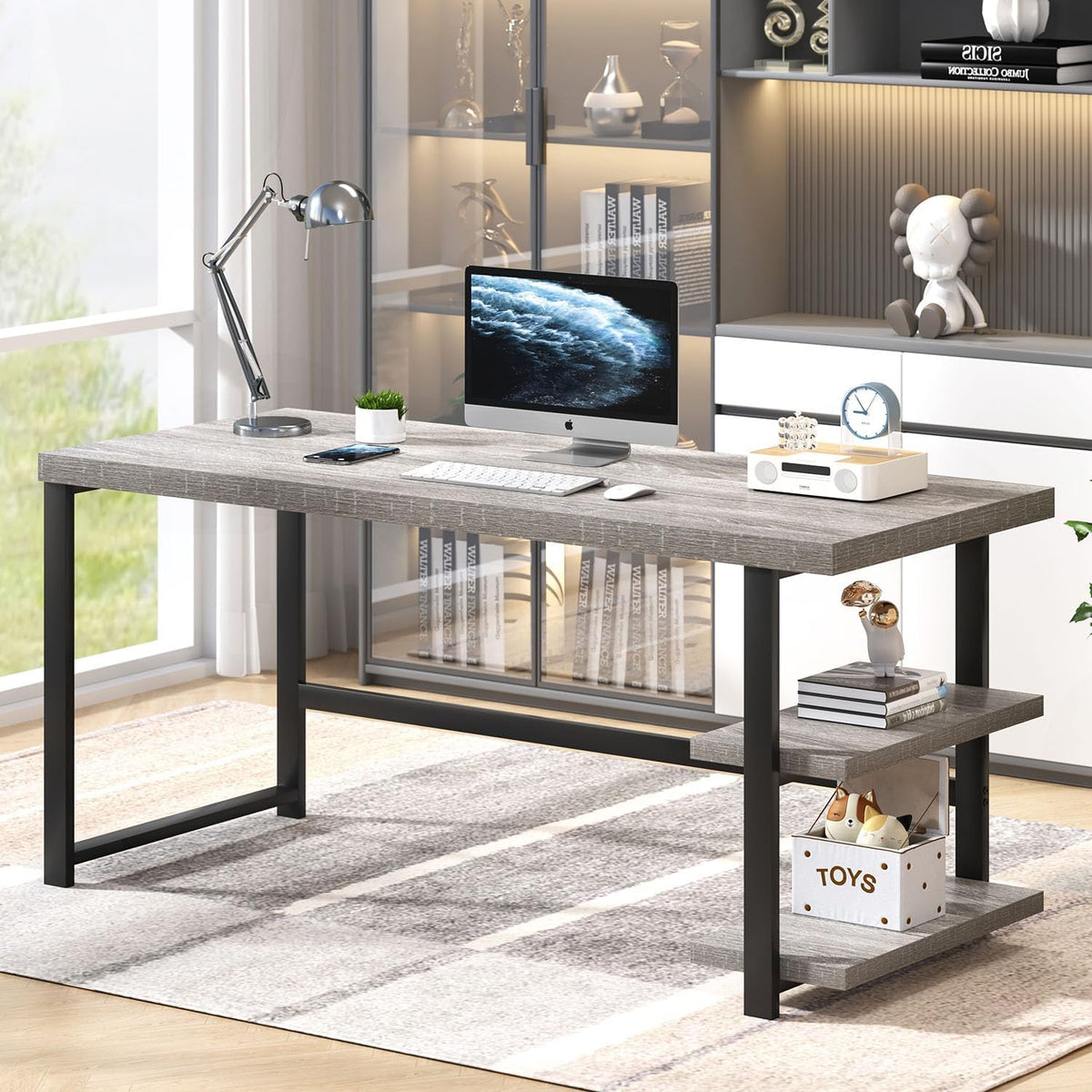 FOLUBAN 60 Inch Computer Desk, Modern Large Home Office Desk with Storage Shelves, Wood and Metal Writing Table Study Gaming Desk Workstation for Living Room, Industrial Light Grey